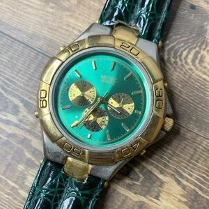 NETEC Quartz Analogue Watch Leather Band Green and Gold